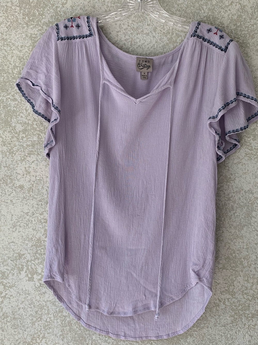 Como Vintage Lavender Embroidered Flutter Sleeve Blouse Small